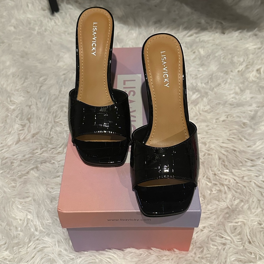 Black Glossy Mules with Bow Detail
